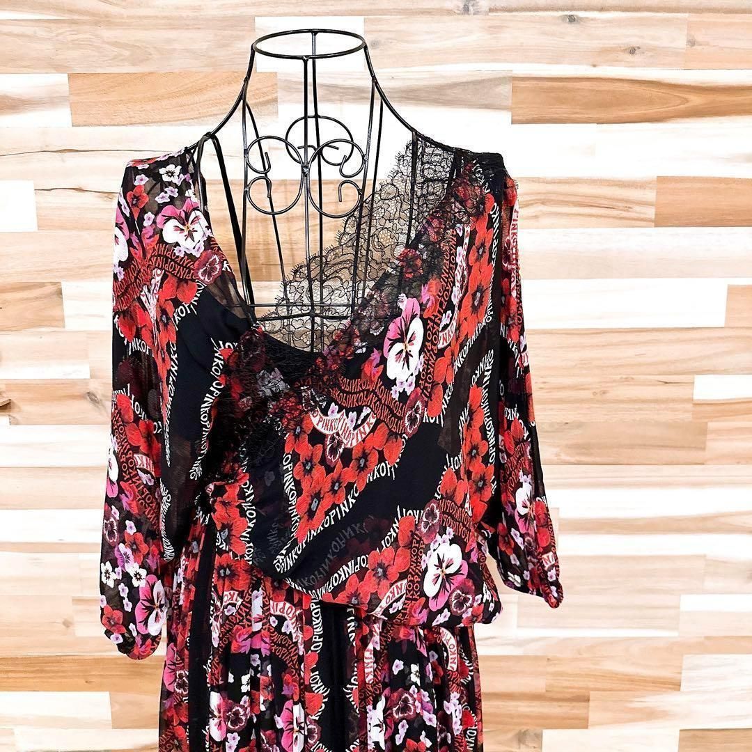 ピンコ ドレープ レース シフォン ドッキング 花柄ロング ワンピース 黒×赤