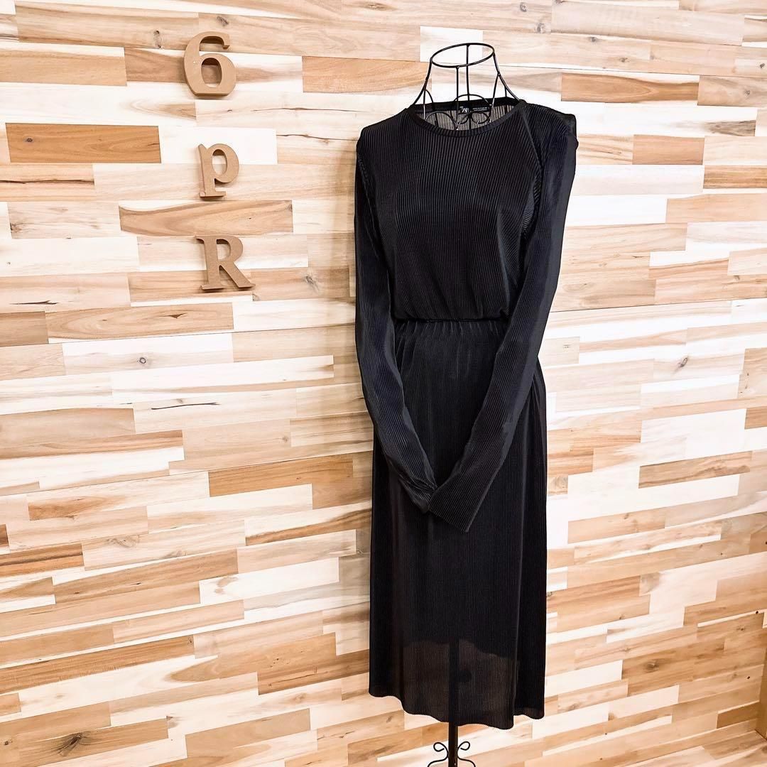 ザラ プリーツ ライク リブ ロング ドレス ワンピース 長袖 S 黒ブラック