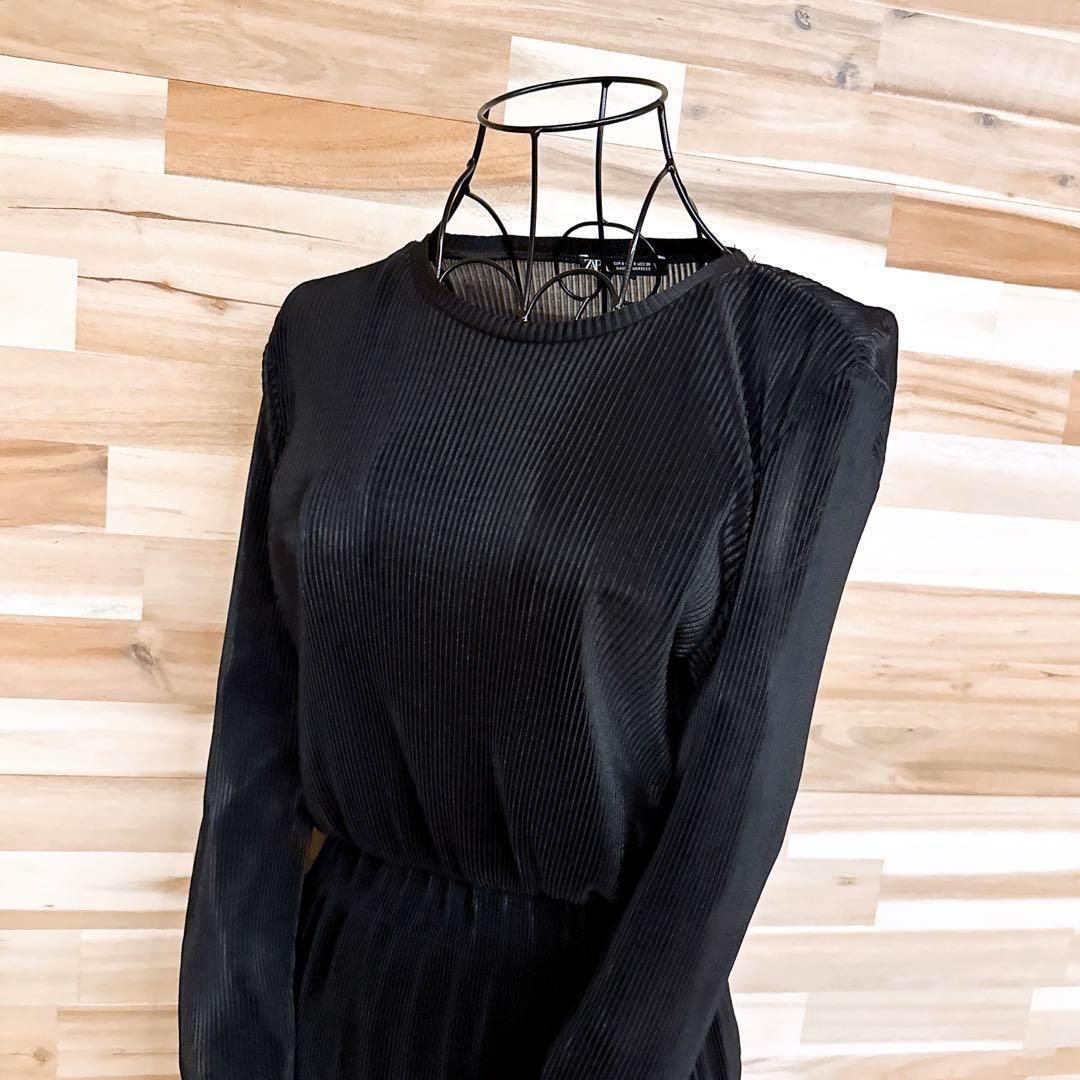 ザラ プリーツ ライク リブ ロング ドレス ワンピース 長袖 S 黒ブラック