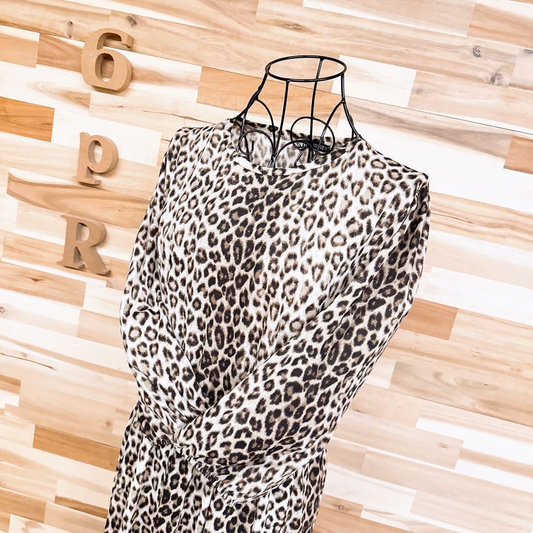 ザラ アニマル レオパード ロング ティアード ワンピース M ベージュ×黒