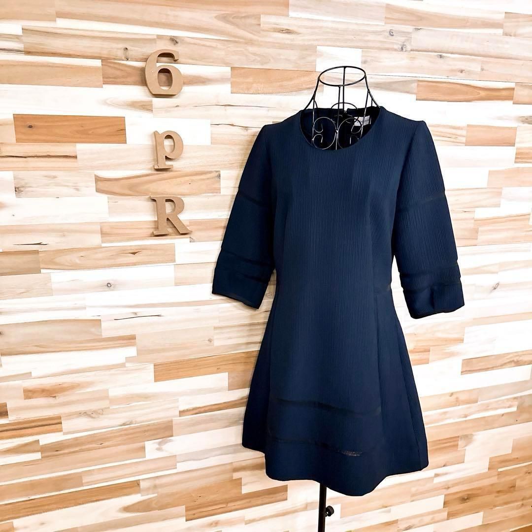 レペット クルーネック 切り替えライン フ ワンピース M相当 紺ネイビー