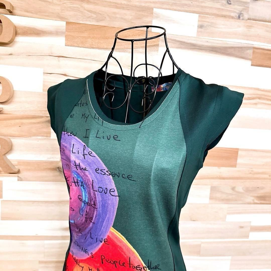 デシグアル レタリング カラフル アート タイト ワンピース 刺繍ロゴ S 緑