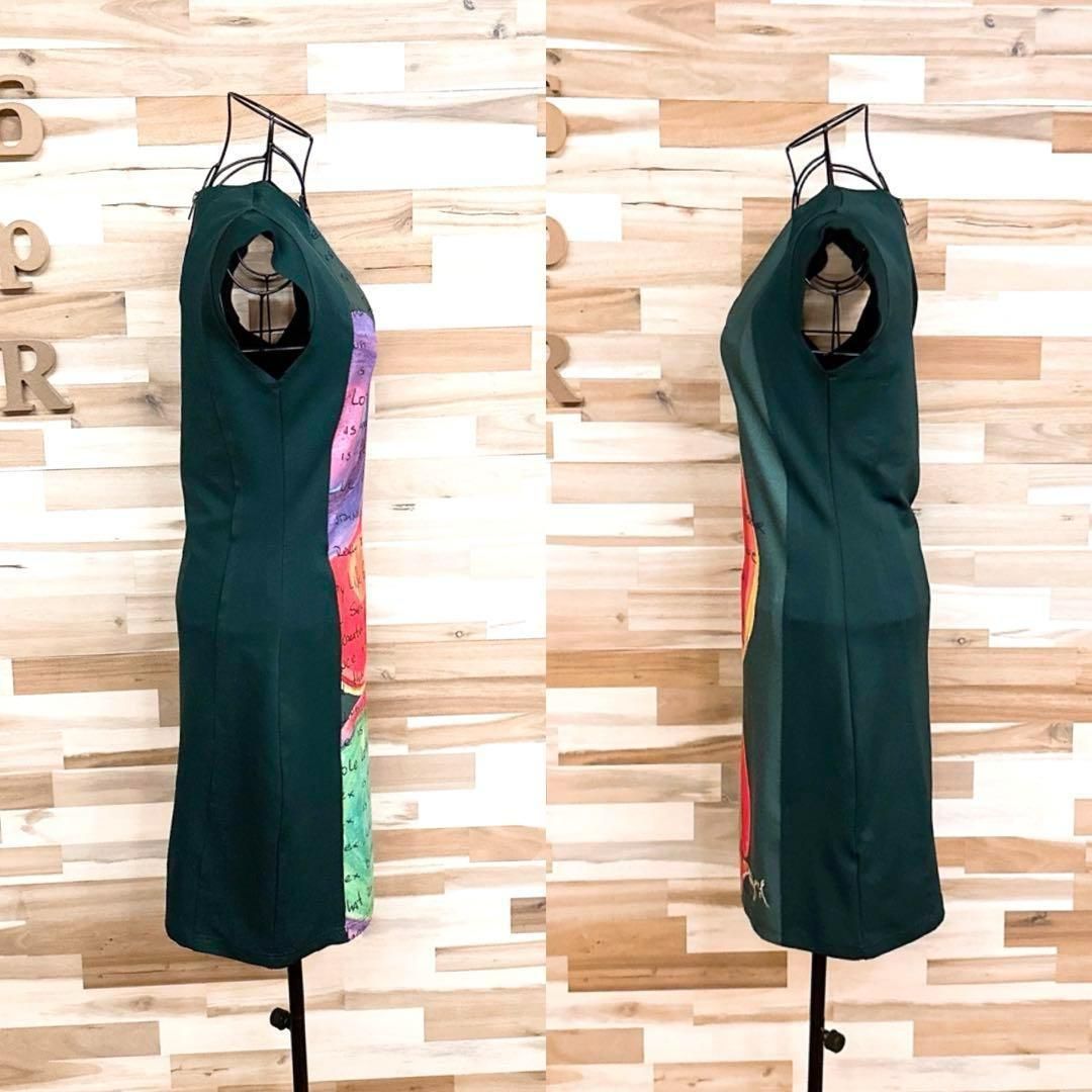  デシグアル レタリング カラフル アート タイト ワンピース 刺繍ロゴ S 緑 ノースリーブ ひざ丈ワンピース