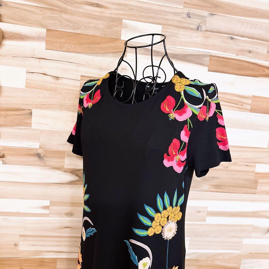 デシグアル 花柄 プリント 半袖ワンピース ビジュー装飾 XS 黒×カラフル