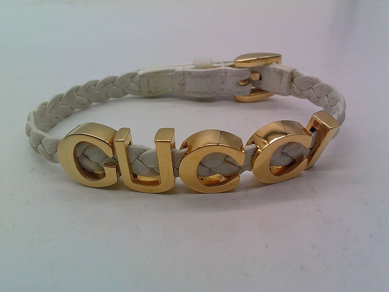 BKP2 グッチ GUCCI ブレスレット レザー ホワイト ゴールド 編み込み