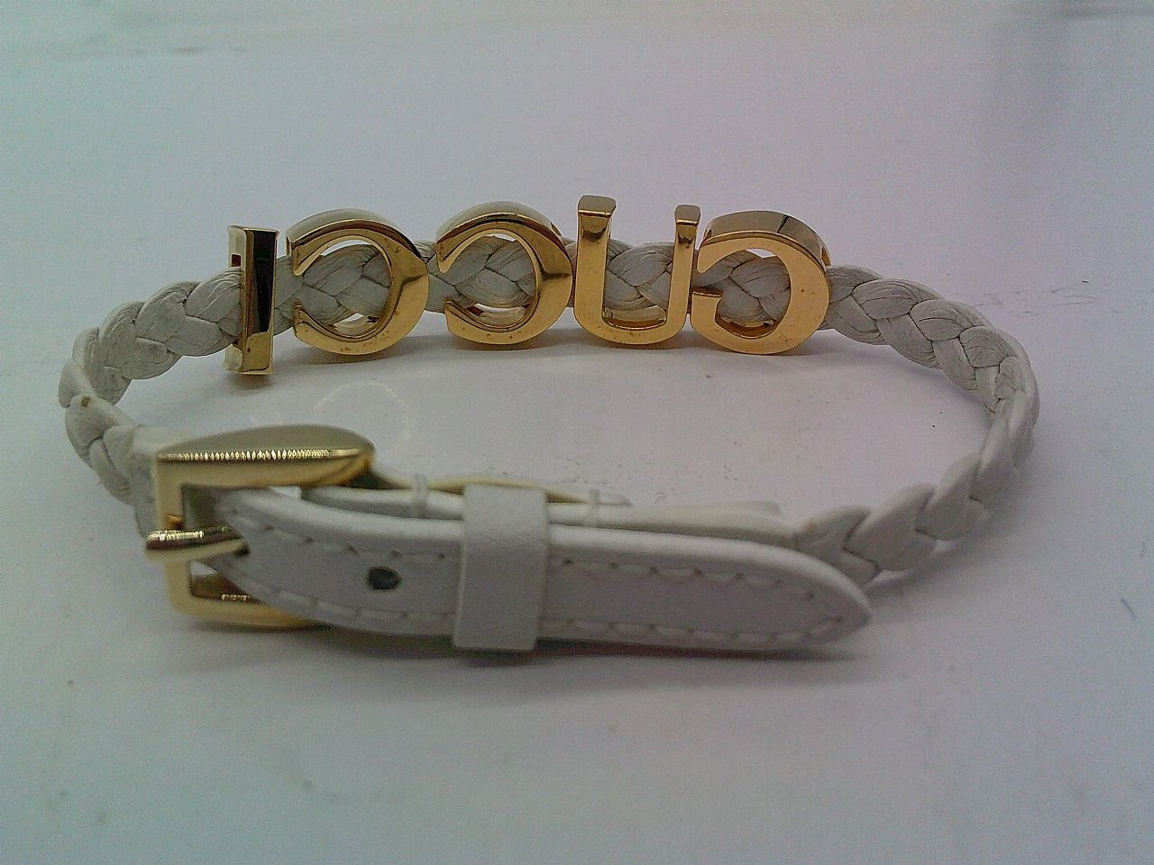 BKP 2 グッチ GUCCI ブレスレット レザー ホワイト ゴールド 編み込み