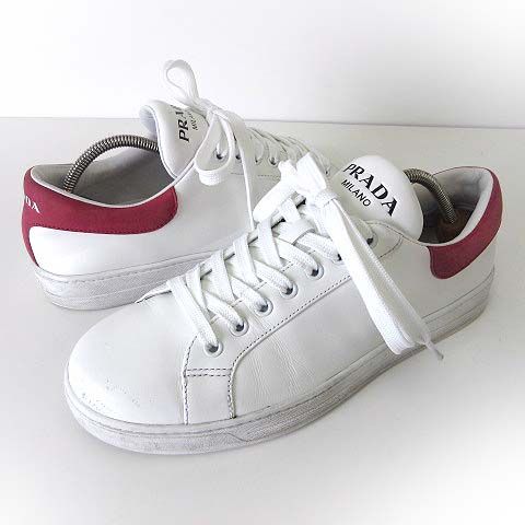プラダ PRADA スニーカー 本革 レザー シューズ 4E3541 VITELLOPLUME バックロゴ 6 白 ホワイト 赤 レッド 26.0cm くつ 靴 近年モデル