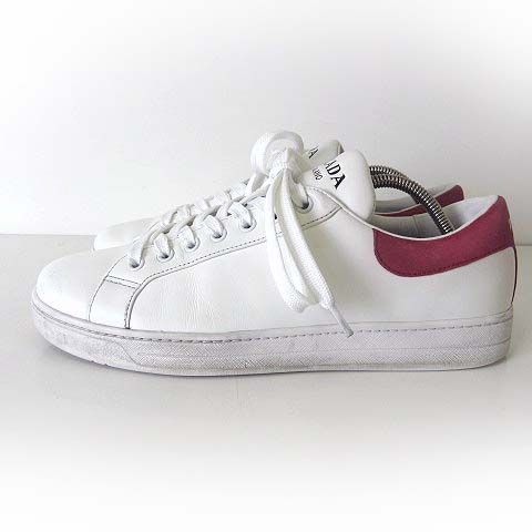 プラダ PRADA スニーカー 本革 レザー シューズ 4E3541 VITELLOPLUME バックロゴ 6 白 ホワイト 赤 レッド 26.0cm くつ 靴 近年モデル