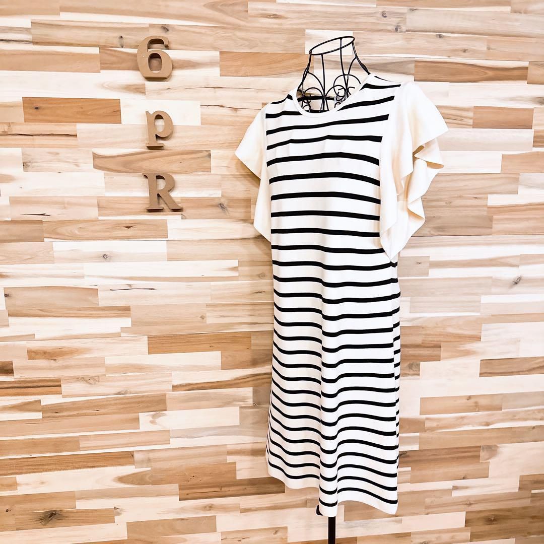 ザラ フリル スリーブ ニット ワンピース ボーダー切り替え Mアイボリー×黒