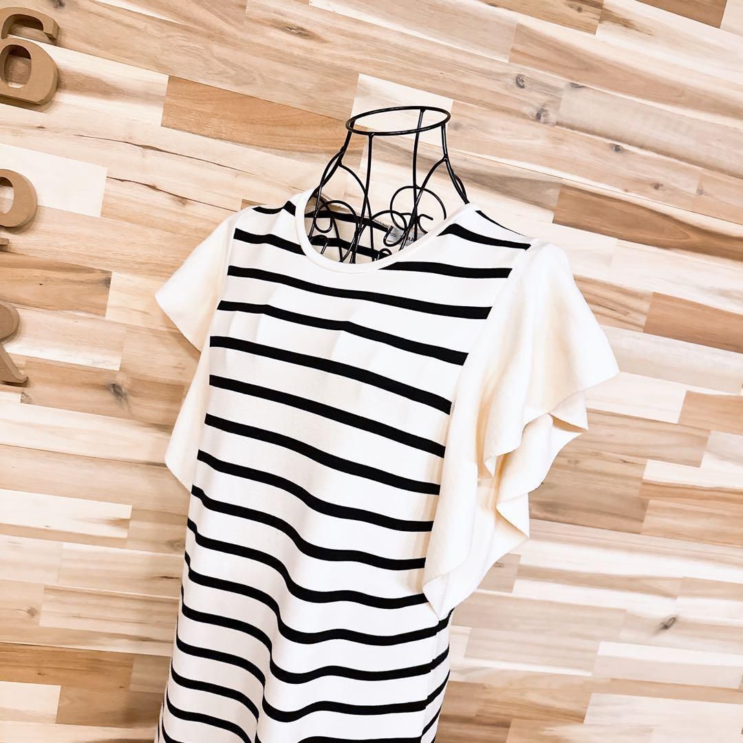 ザラ フリル スリーブ ニット ワンピース ボーダー切り替え Mアイボリー×黒