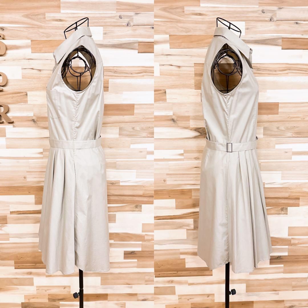  セオリー コットン ブレンド ノースリーブ シャツ ワンピース グレージュ×白 ノースリーブ ひざ丈ワンピース