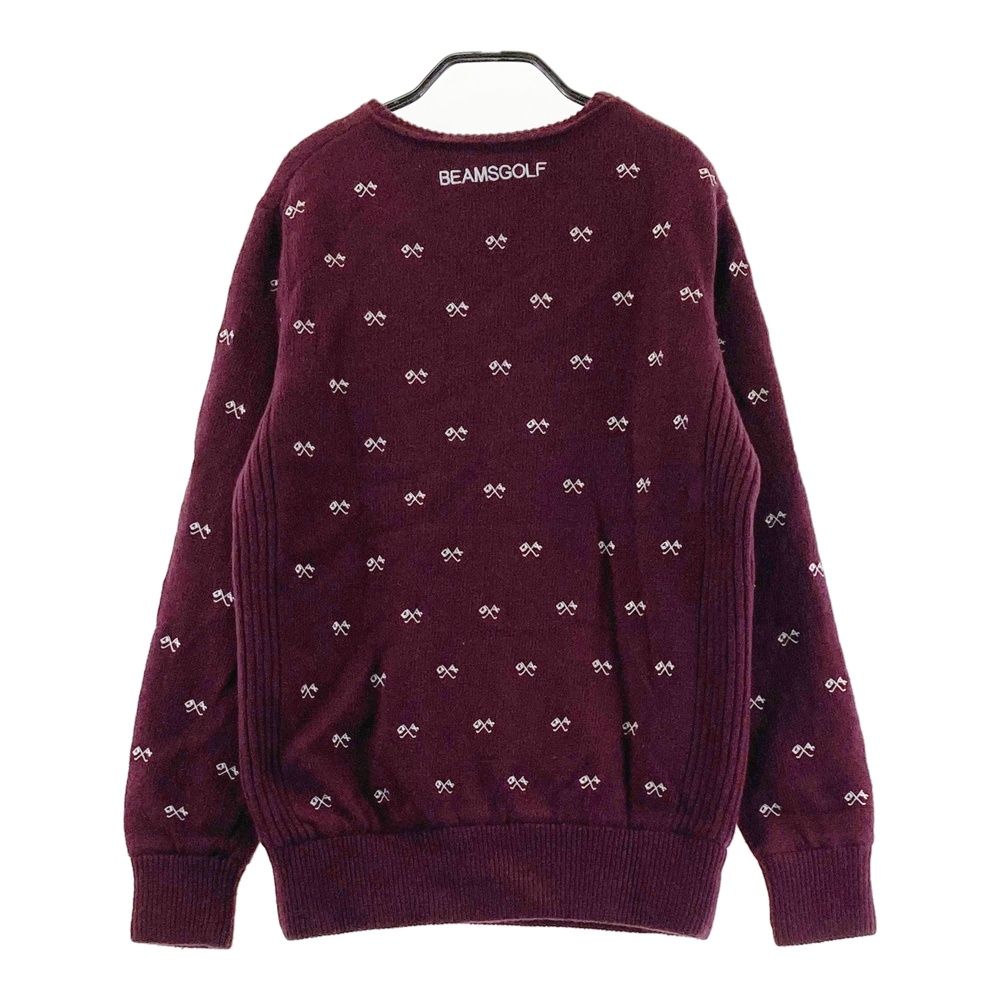 サイズ M BEAMS GOLF ビームスゴルフ 裏地付 長袖 ニットセーター 総柄 パープル系 ゴルフウェア レディース ストスト
