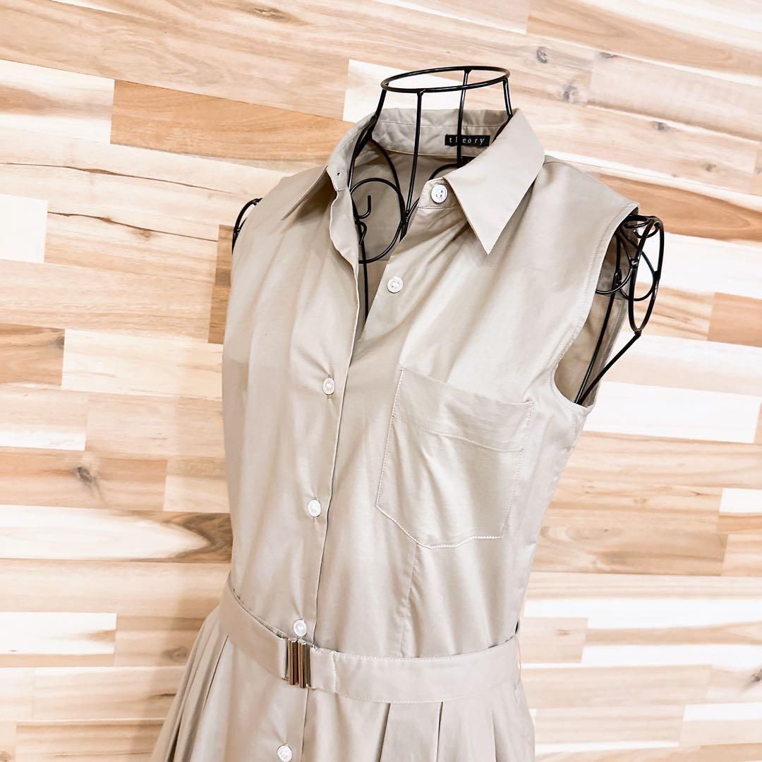 セオリー コットン ブレンド ノースリーブ シャツ ワンピース グレージュ×白