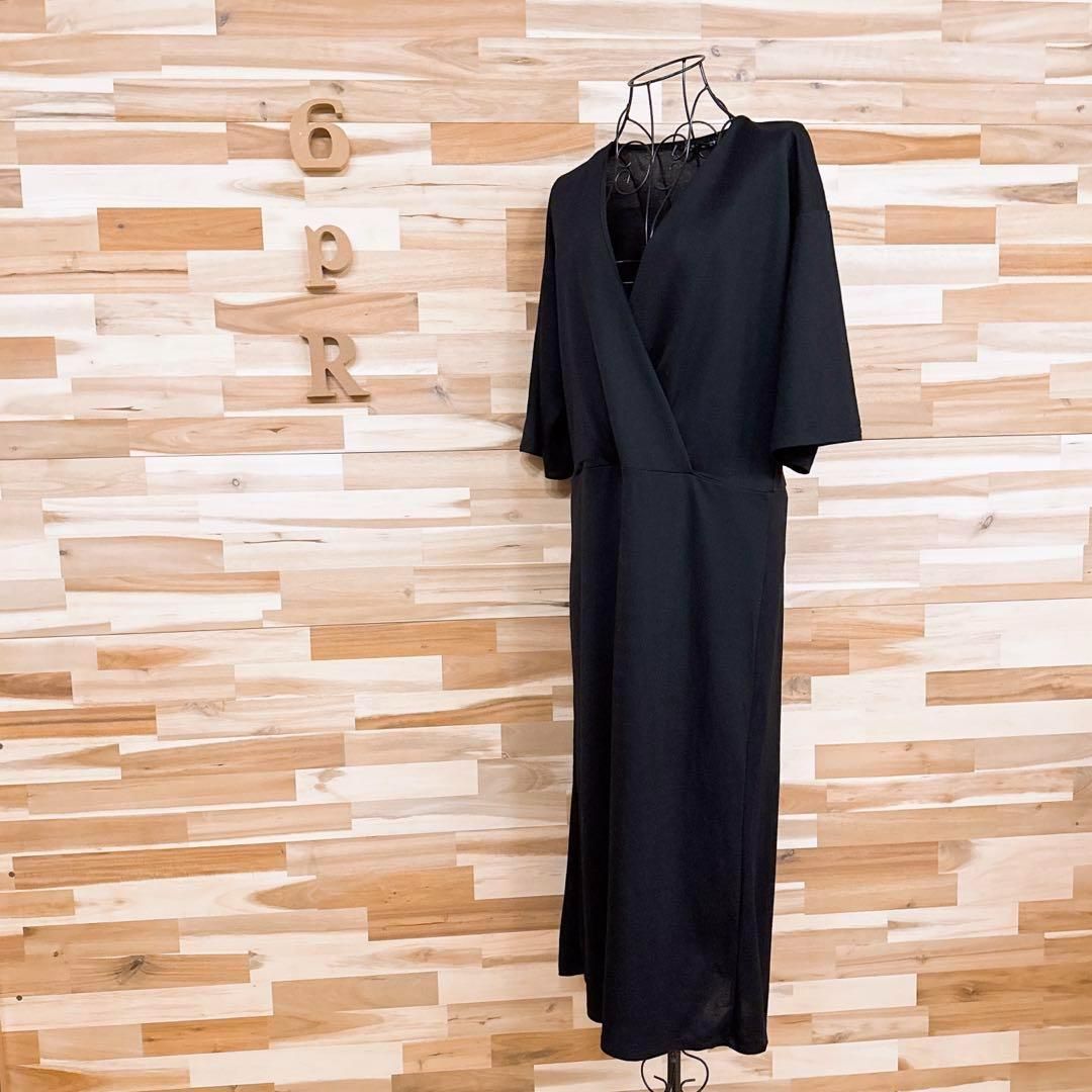 ザラ Vネック カシュクール ドレープ ロング ワンピース 半袖 M黒ブラック