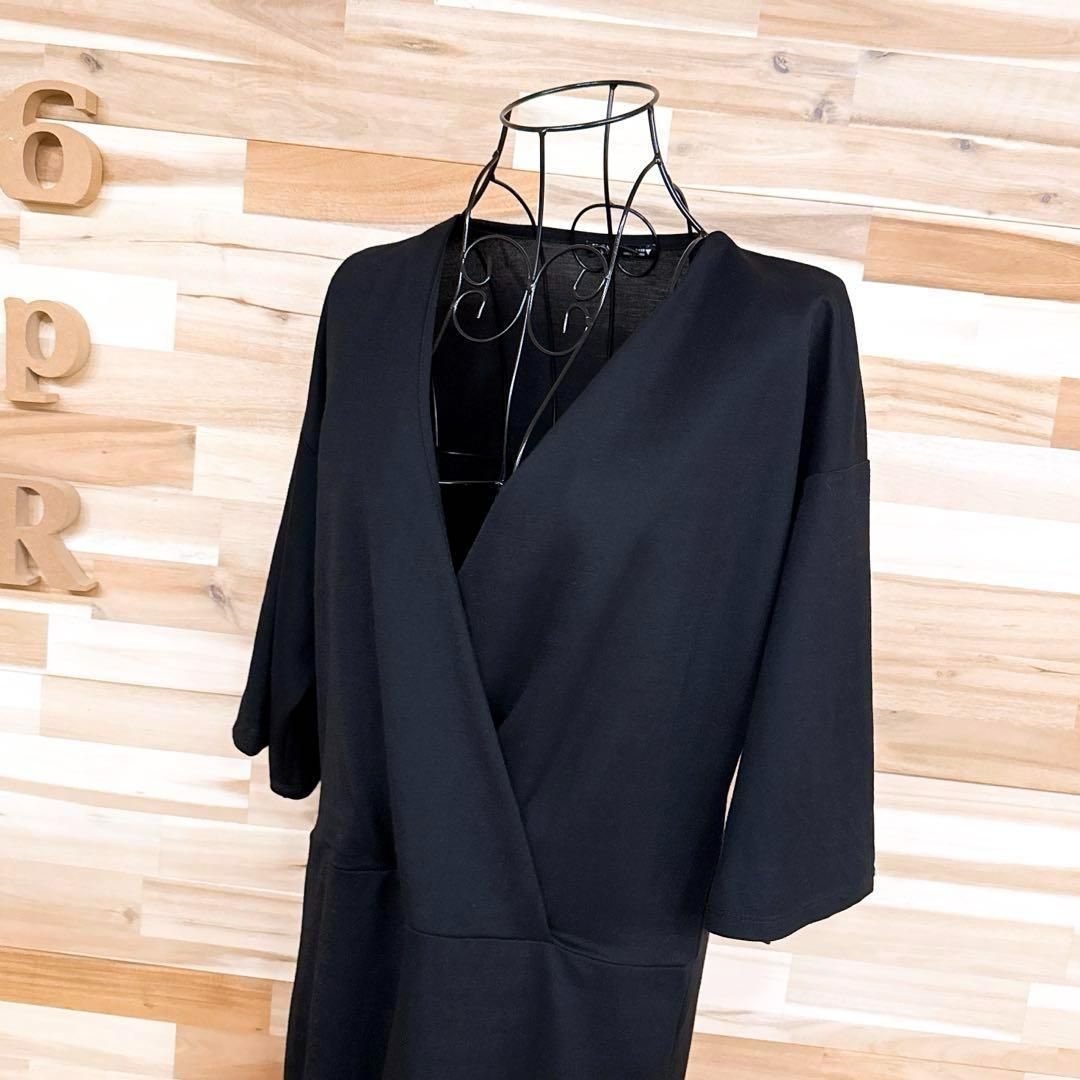 ザラ Vネック カシュクール ドレープ ロング ワンピース 半袖 M黒ブラック