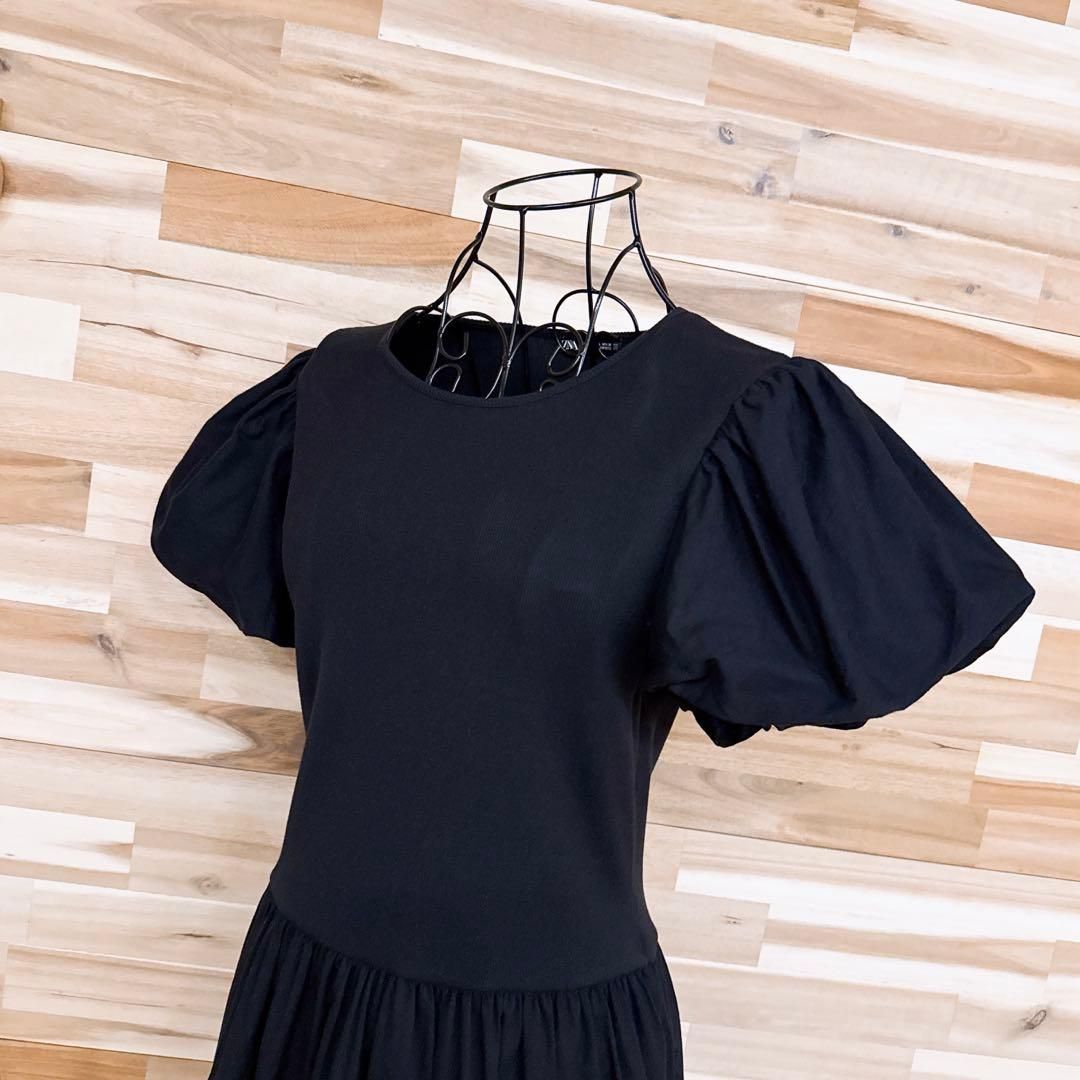 ザラ リブニット切り替え パフスリーブ ロング ワンピース 半袖 L黒ブラック