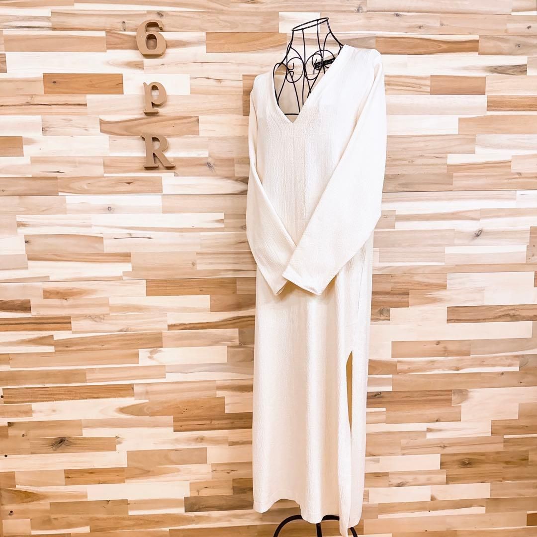 ザラ シアサッカー Vネック ロング スリット ワンピース XS アイボリー