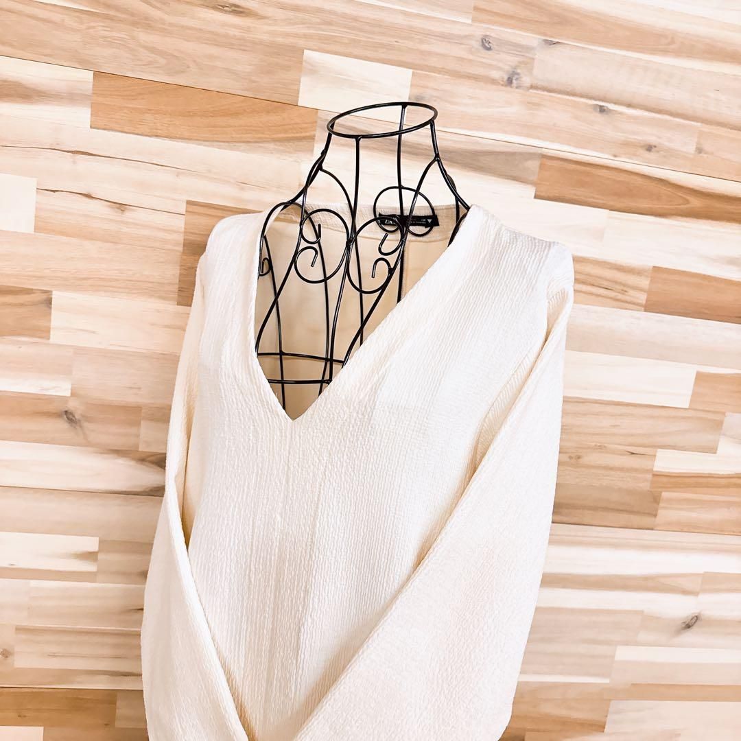 ザラ シアサッカー Vネック ロング スリット ワンピース XS アイボリー