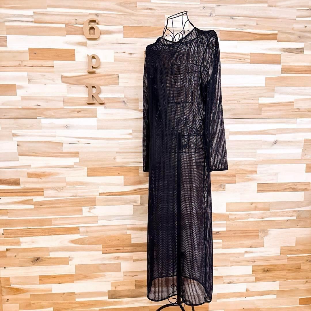  ザラ クルーネック スクエア メッシュ ロング ワンピース M L 黒ブラック 長袖 七分袖 その他