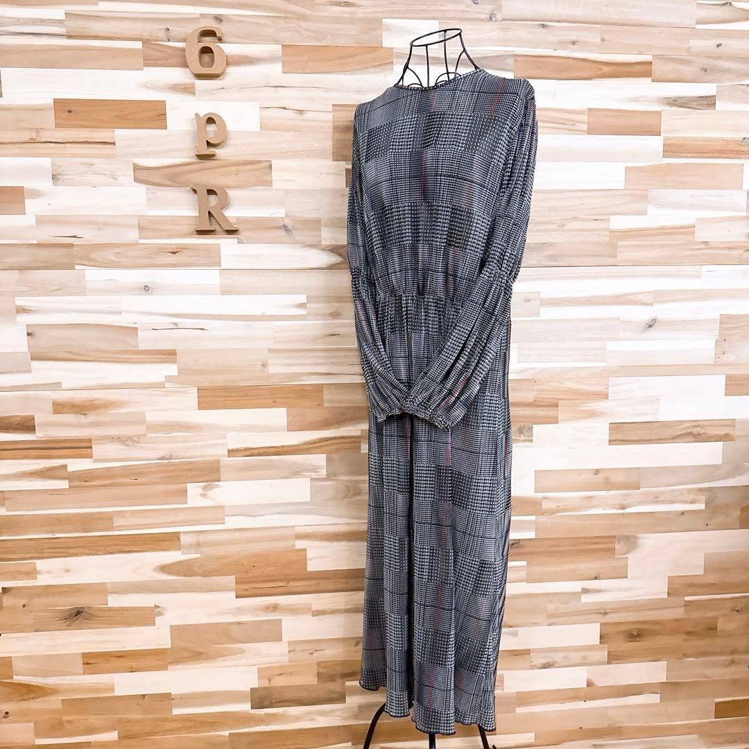 ザラ 透け感ギャザー グレンチェック ロング ワンピース 凹凸素材 M 黒 白