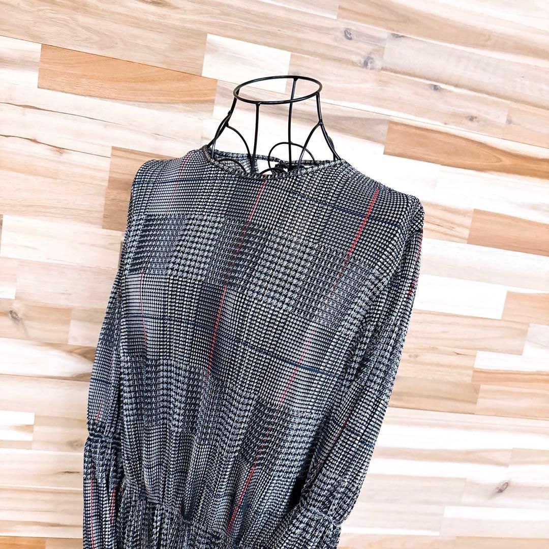 ザラ 透け感ギャザー グレンチェック ロング ワンピース 凹凸素材 M 黒×白