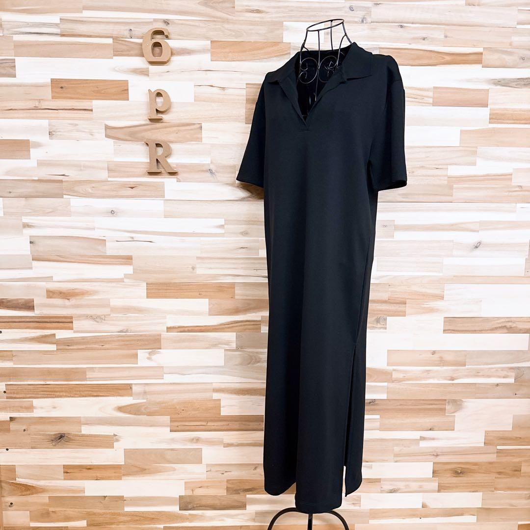 ザラ リラックス ロング ポロシャツ ワンピース スリット S 黒ブラック