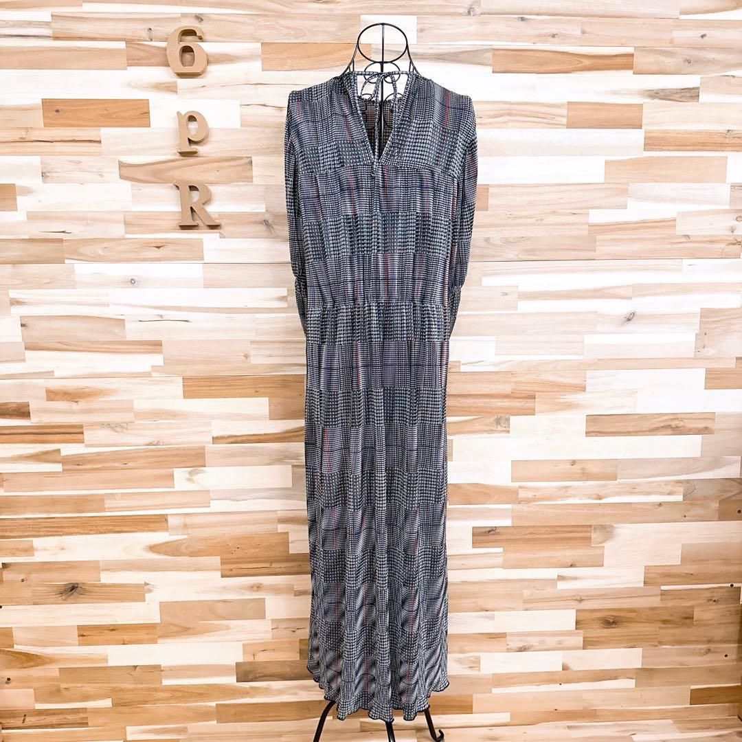  ザラ 透け感ギャザー グレンチェック ロング ワンピース 凹凸素材 M 黒×白 長袖 七分袖 カットソーワンピース