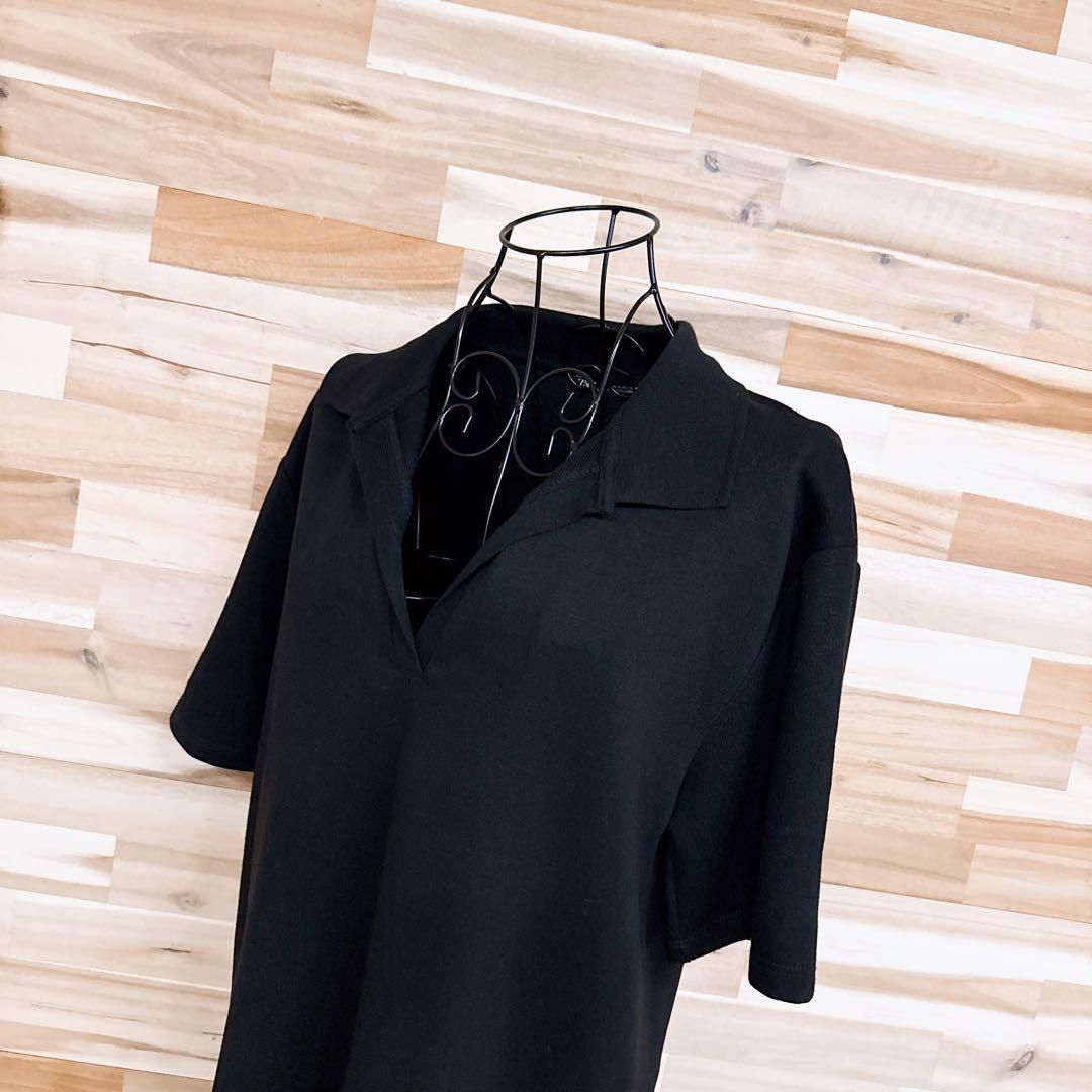 ザラ リラックス ロング ポロシャツ ワンピース スリット S 黒ブラック