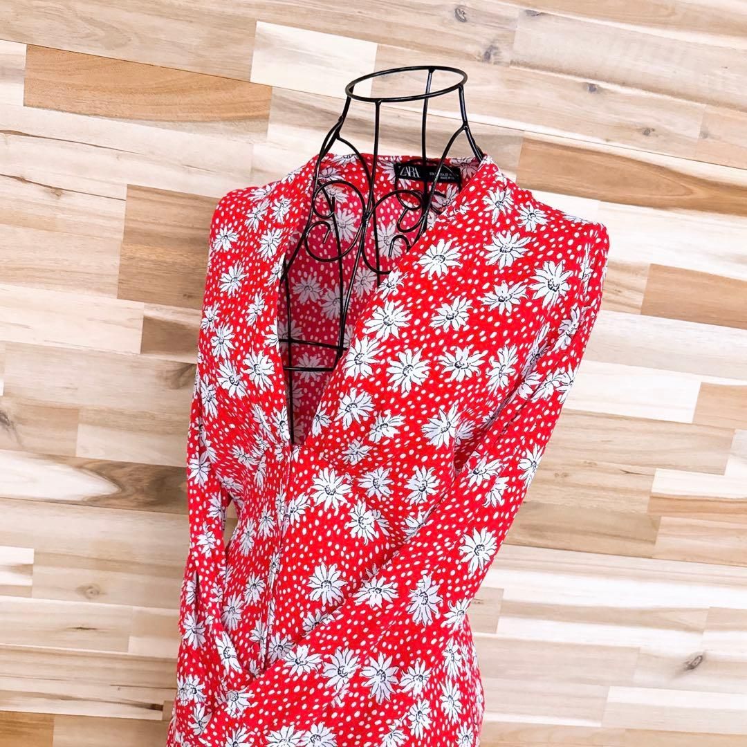 ザラ 水玉ドット 花柄アート Vネック ロング ワンピース XS 赤レッド×白