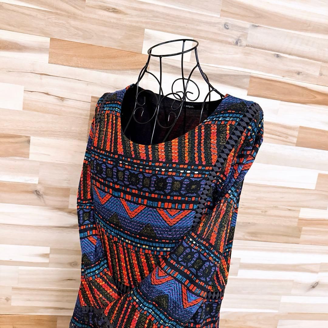 デシグアル カットワーク調レース 刺繍 ワンピース エスニック総柄 M 黒×赤