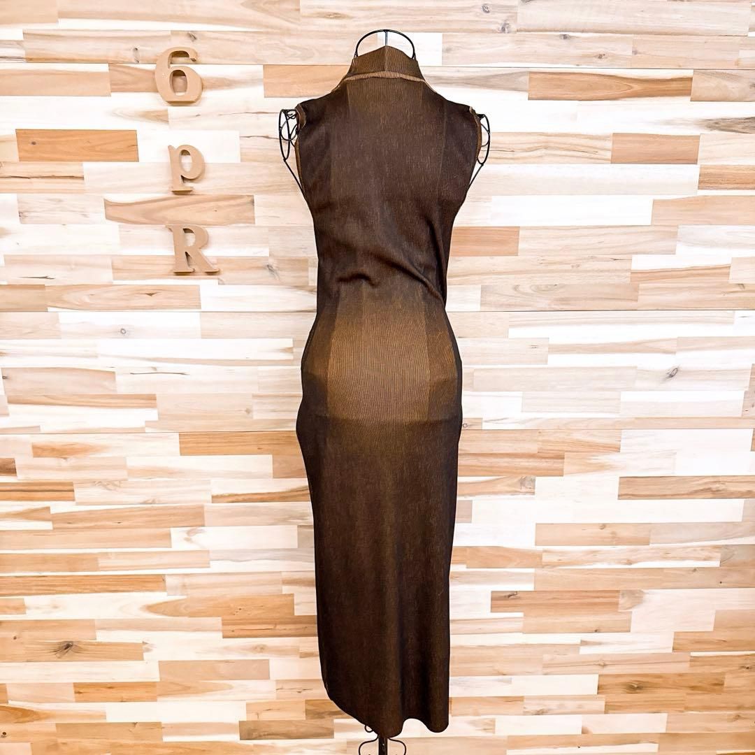  ザラ ハイネック ノースリーブ ロング ワンピース ストレッチ L 黒×黄 ノースリーブ カットソーワンピース