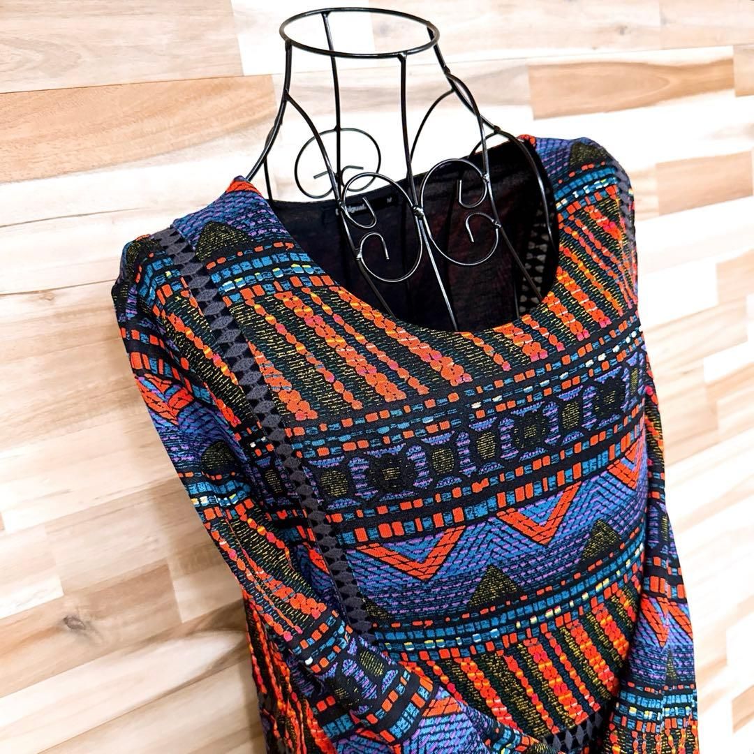 デシグアル カットワーク調レース 刺繍 ワンピース エスニック総柄 M 黒 赤 ミモレ丈 長袖 七分袖 