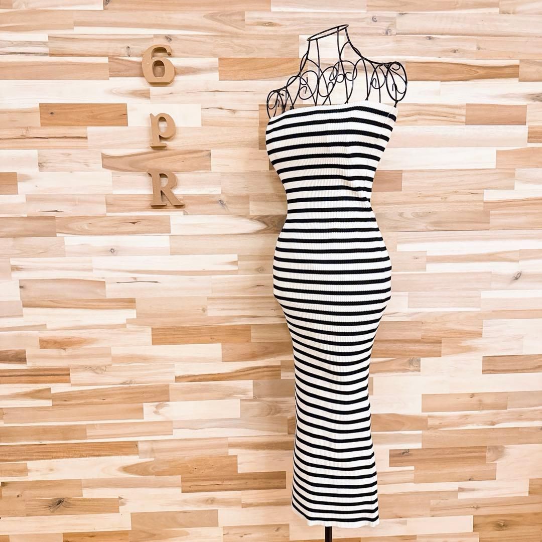 ザラ サマーニット ベアトップ ロング タイト ワンピース ボーダー L白 黒