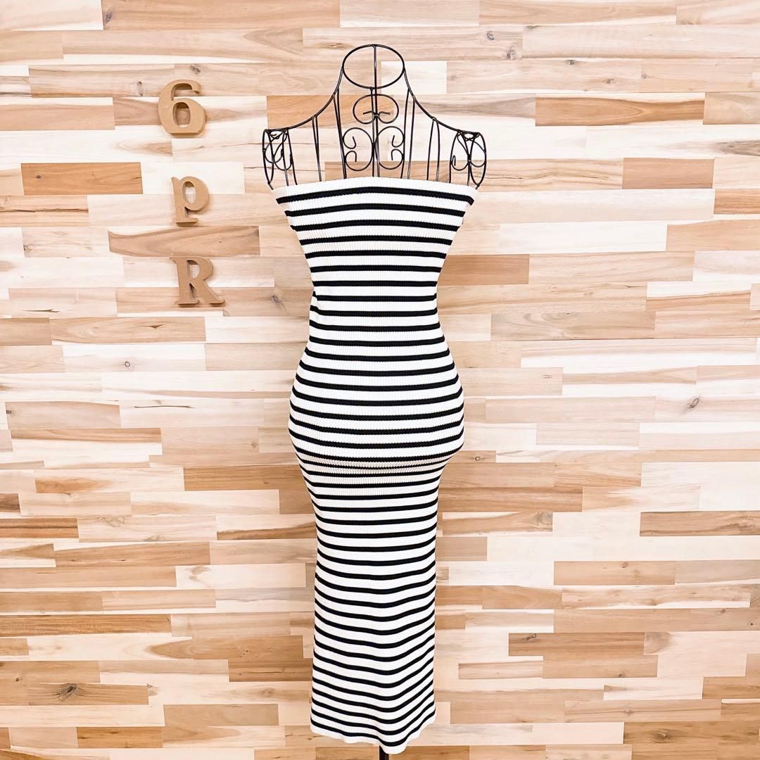  ザラ サマーニット ベアトップ ロング タイト ワンピース ボーダー L白×黒 ノースリーブ ニットワンピース