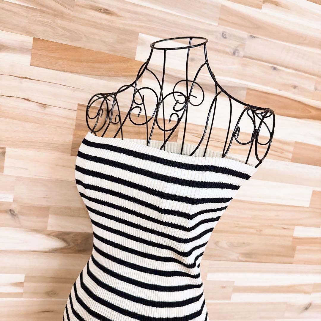 ザラ サマーニット ベアトップ ロング タイト ワンピース ボーダー L白×黒