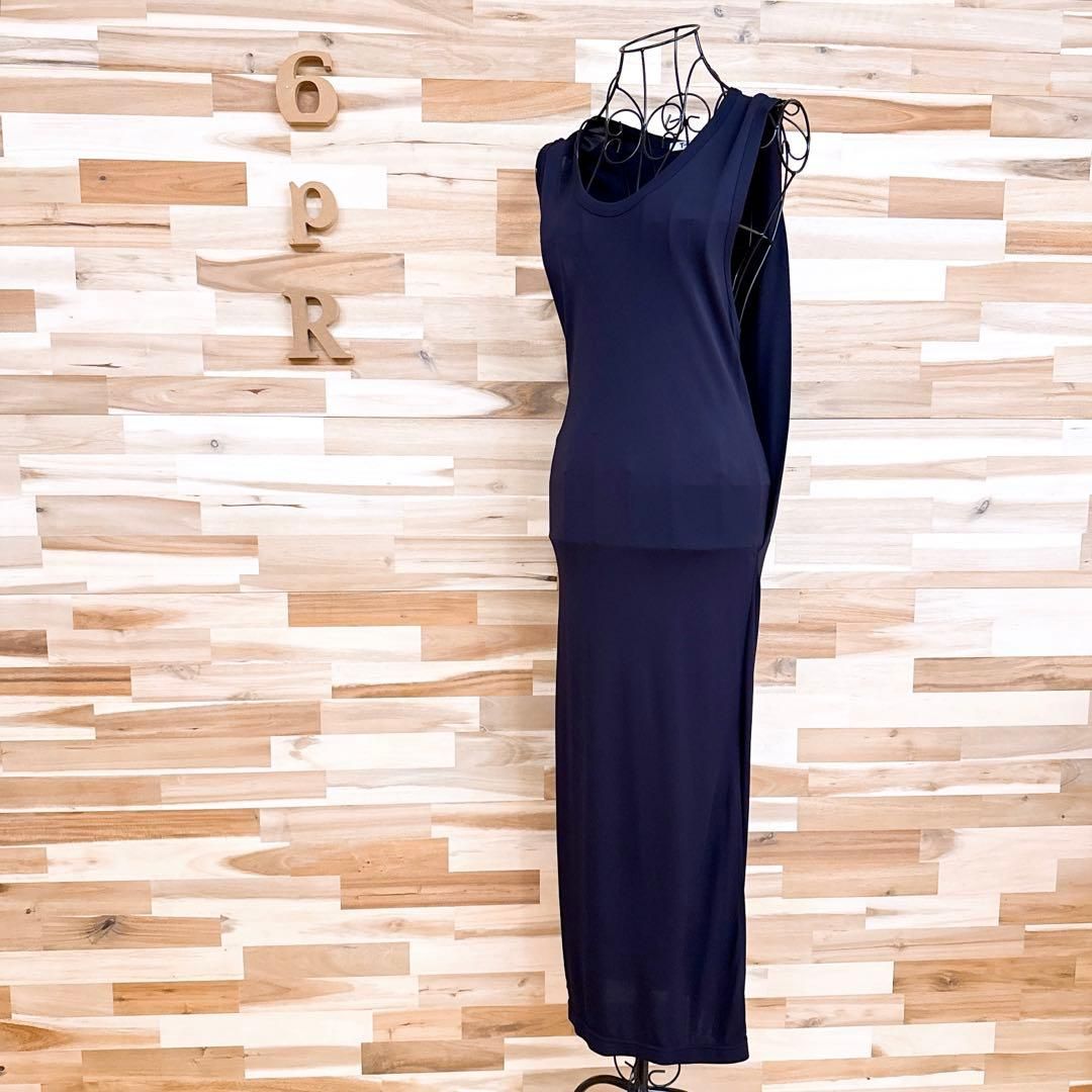 ティーバイアレキサンダーワン ドレープ ドレス ロング ワンピースS紺ネイビー