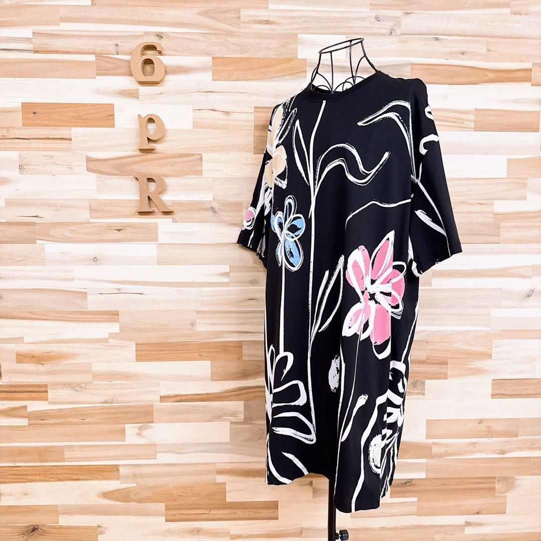 デシグアル 綿 花柄フラワー アート Tシャツ ワンピース L 黒 白