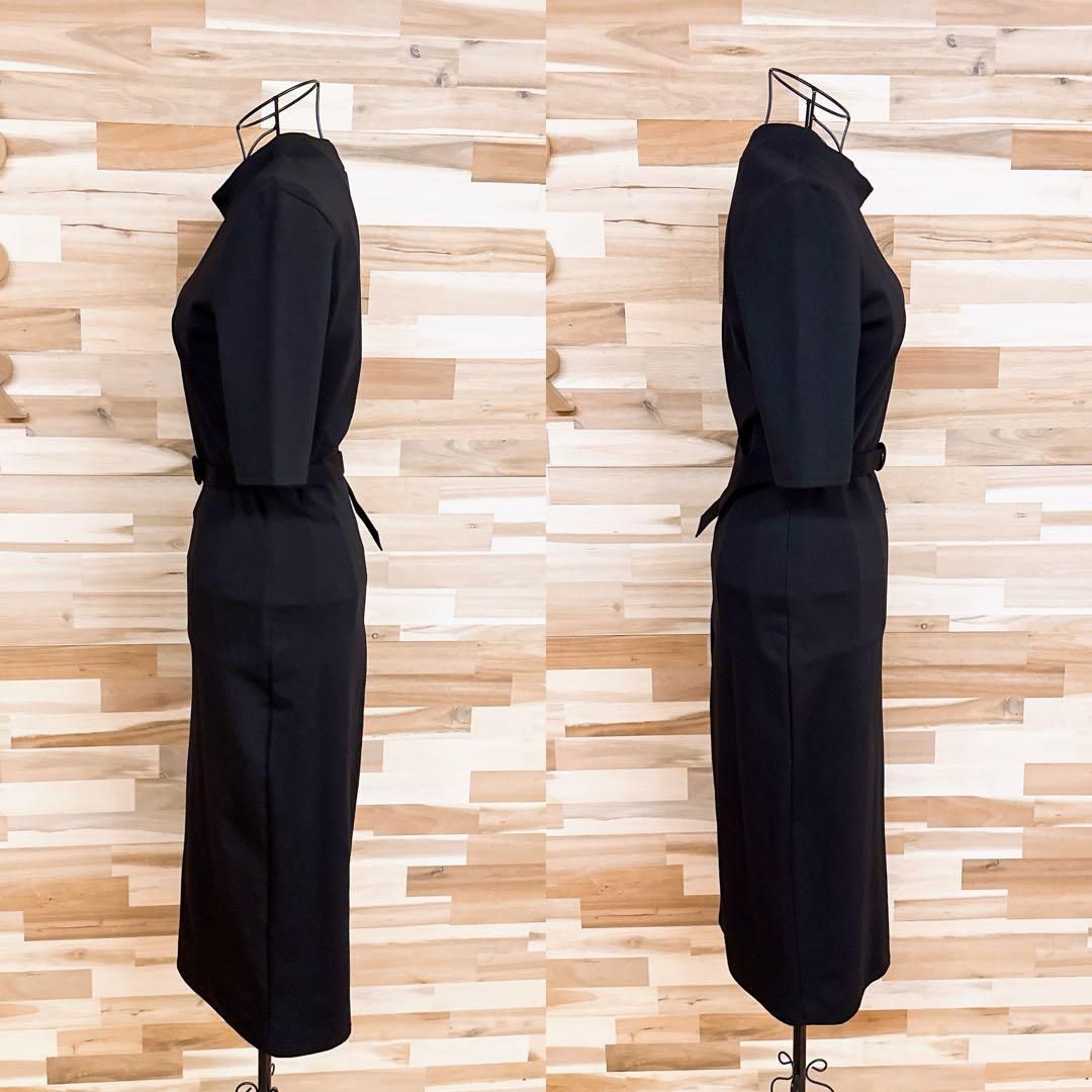  ザラ ウエストマーク ベルト ロング ワンピース 半袖 無地 S 黒ブラック 半袖 カットソーワンピース