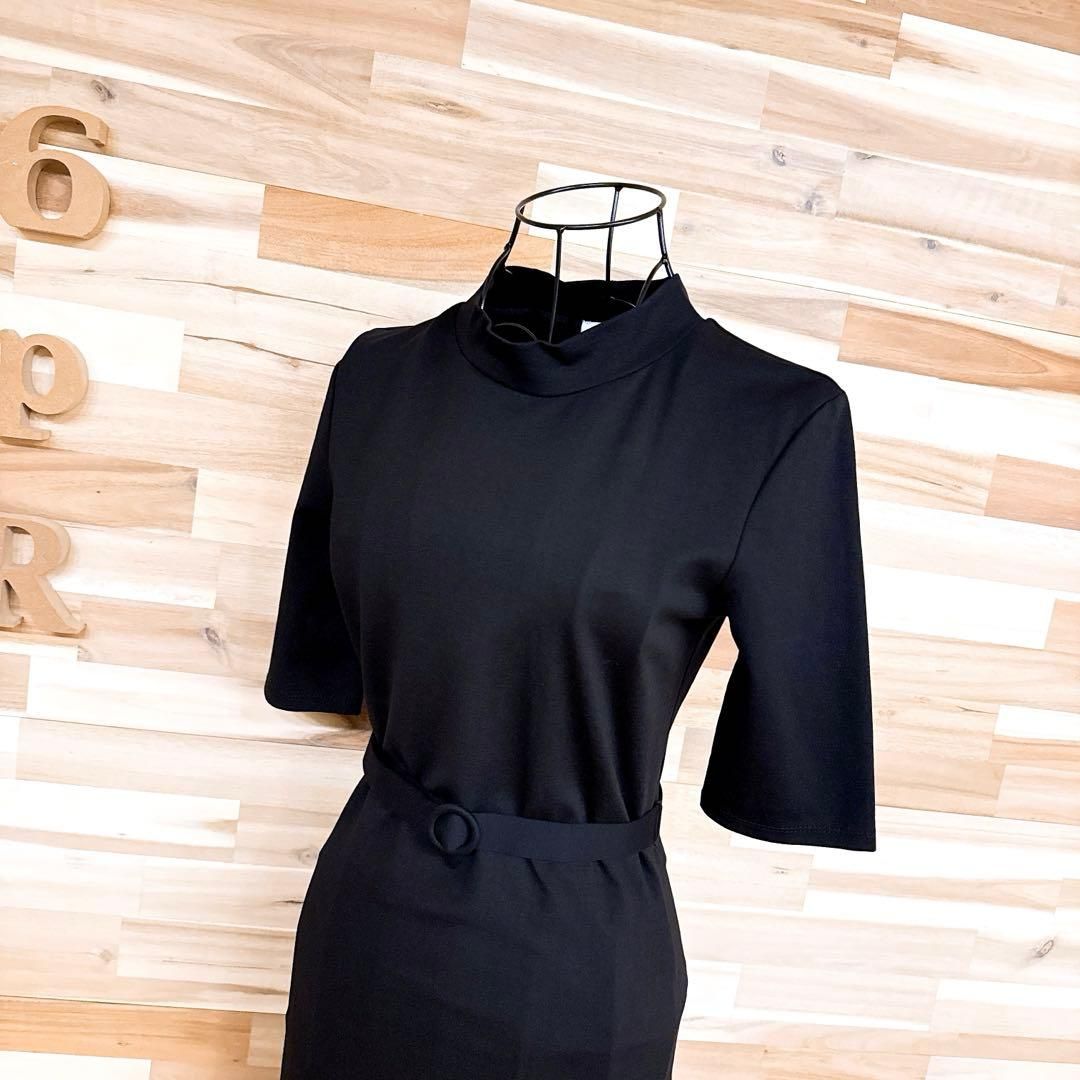 ザラ ウエストマーク ベルト ロング ワンピース 半袖 無地 S 黒ブラック