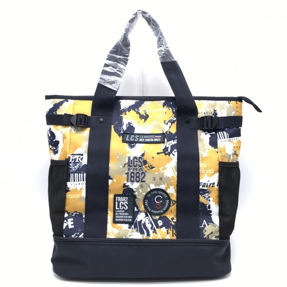 ルコック 2層式ボストンバッグ ネイビー イエロー系 総柄 内外ポケット シューズ収納可ゴルフ モデル le coq sportif