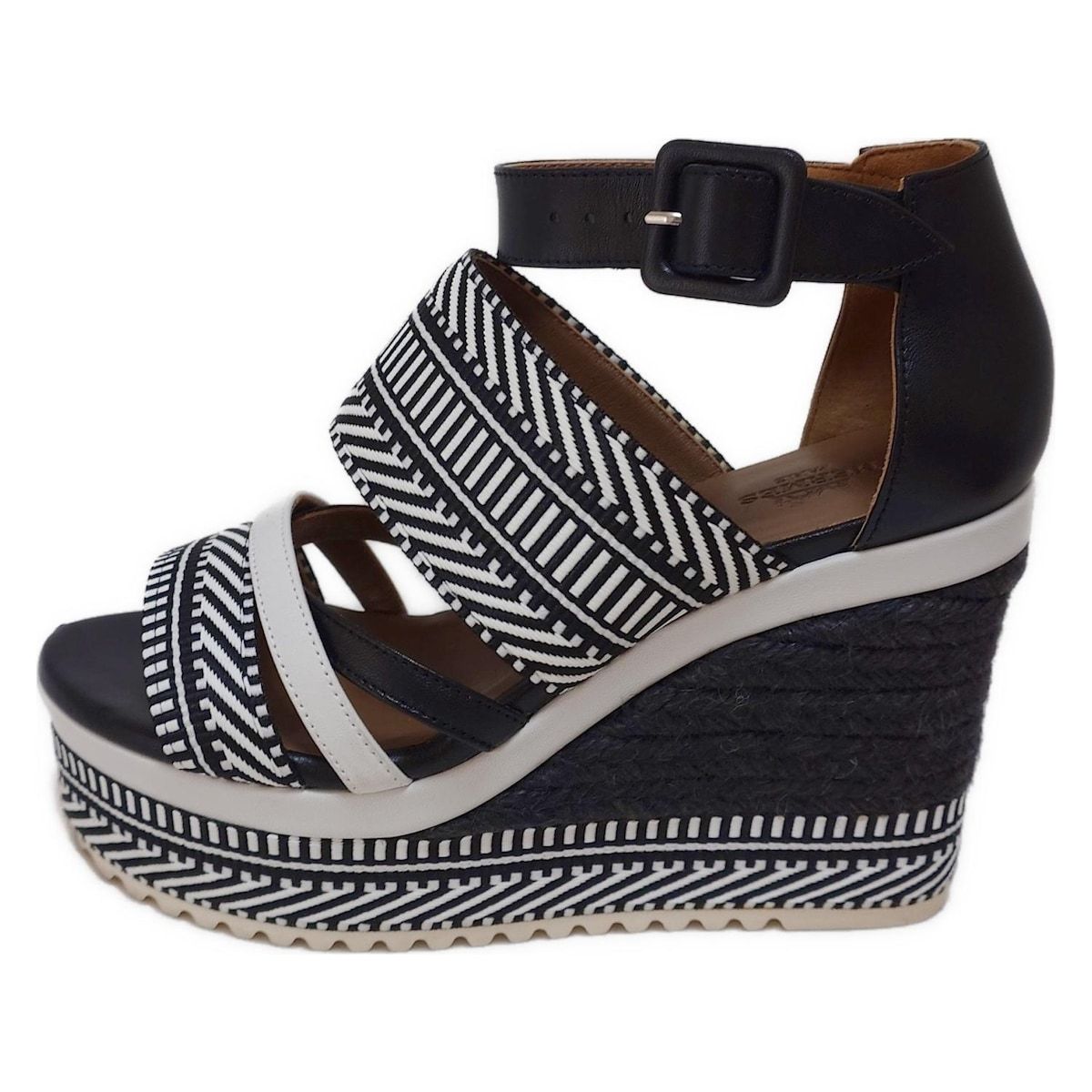 HERMES エルメス パンプス 35 レディース ローマ 181094 Z 黒 白 オープントゥ ウェッジソール エスパドリーユ コットン レザー