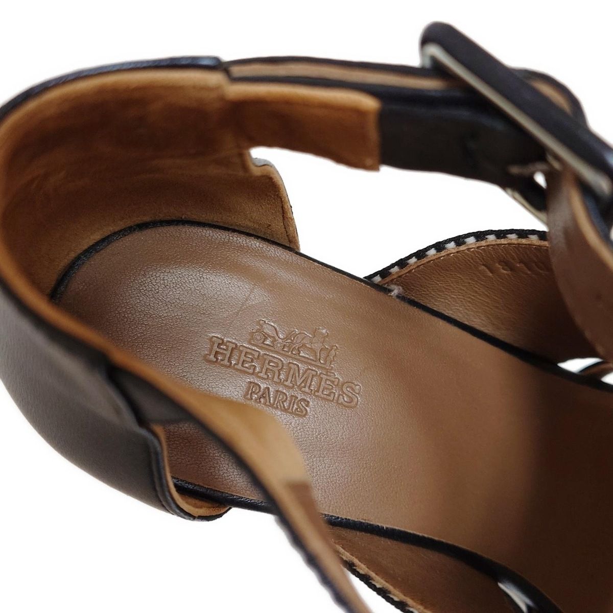  HERMES エルメス パンプス 35 レディース ローマ 181094 Z 黒×白 オープントゥ ウェッジソール エスパドリーユ コットン レザー ハイヒール パンプス パンプス