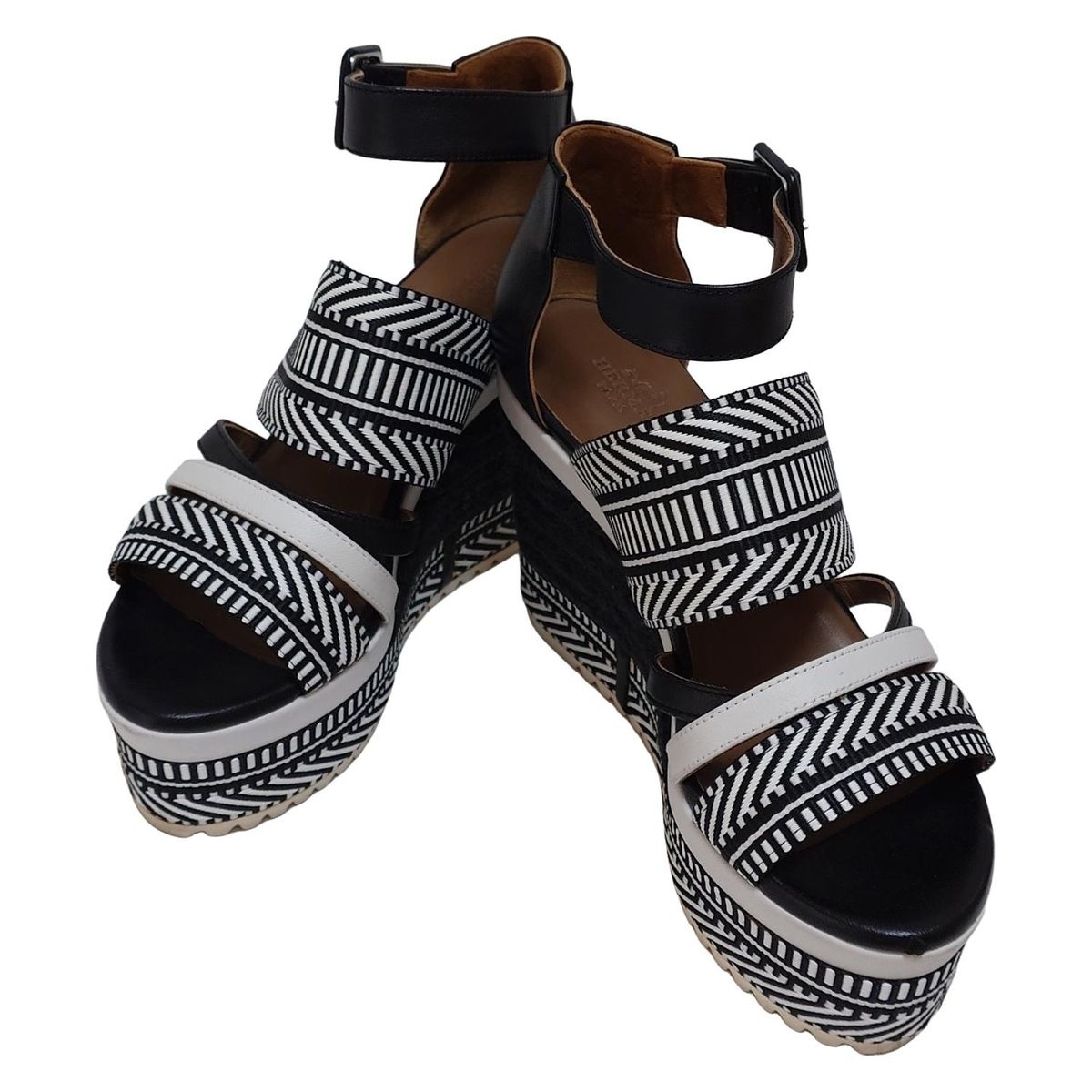 HERMES エルメス パンプス 35 レディース ローマ 181094 Z 黒×白 オープントゥ ウェッジソール エスパドリーユ コットン レザー