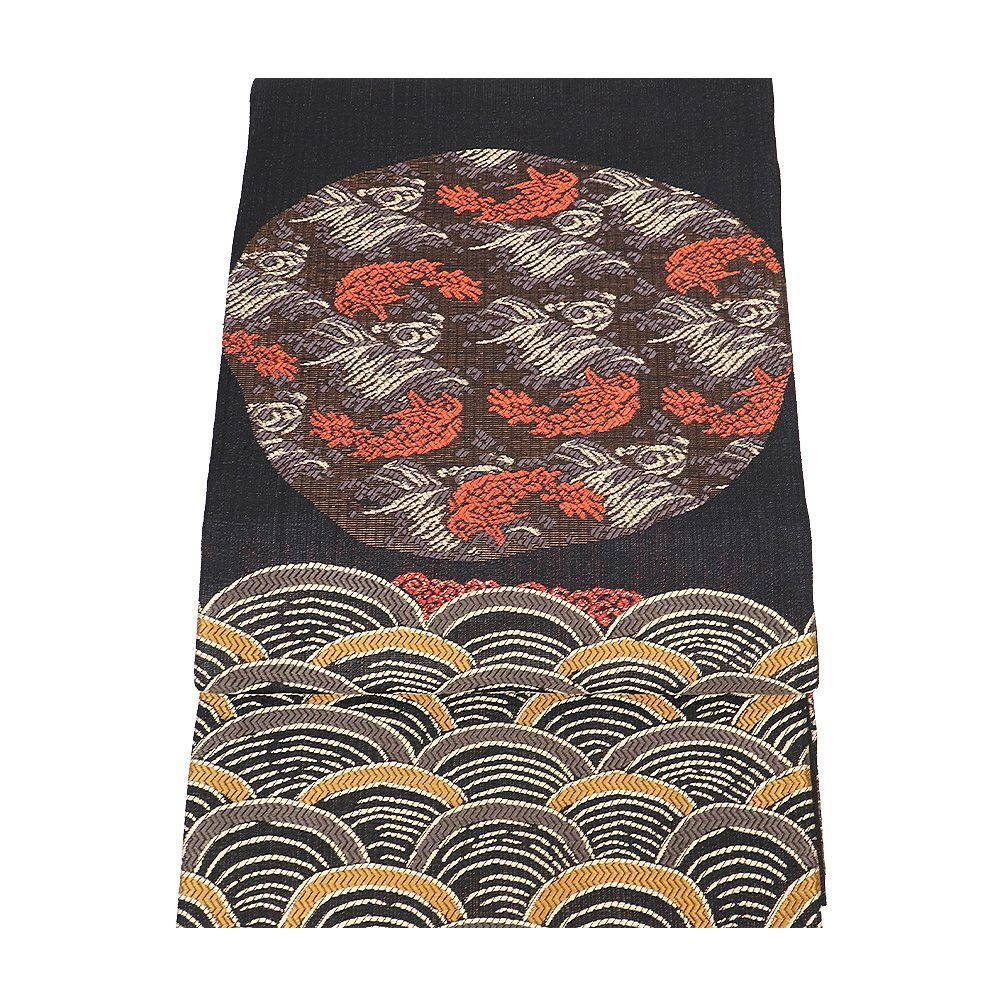 訪問着用 袋帯 正絹 黒 金茶 荒磯 青海波 霞文 荒波 Lサイズ F 8426 レディース ギフト セミフォーマル 30代 40代 50代