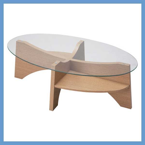 楕円形のデザインガラステーブル 合成樹脂化粧合板 W 105×D 60×H 36 cm 収納棚付き No.454 ナチュラル