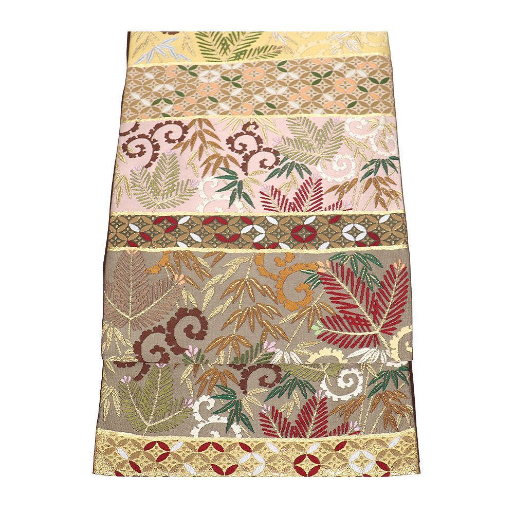 瀬織津園 河崎晴生 訪問着用 袋帯 正絹 ペルシャ華文 濃茶 黄緑 小豆色 ピンク 金箔 唐織 松竹 七宝文 全通 Mサイズ F 8429