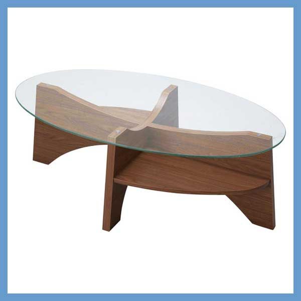 楕円形のデザインガラステーブル 合成樹脂化粧合板 W 105×D 60×H 36 cm 収納棚付き No.454 ウォルナット