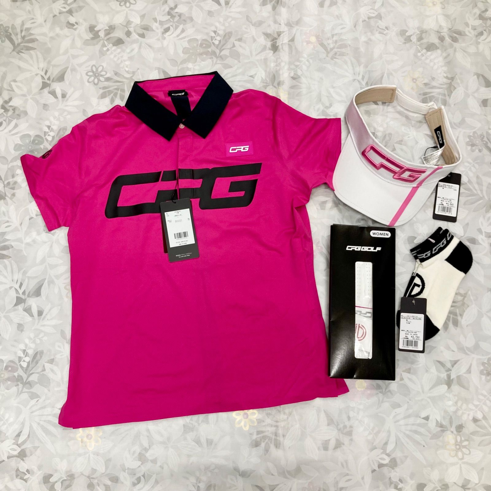 CPG GOLF 半袖ポロシャツ その他ゴルフ用品 ピンク×黒 後ろセンターライン ビッグロゴ レディース L ゴルフウェア サンバイザー 靴下 グローブ レディース用
