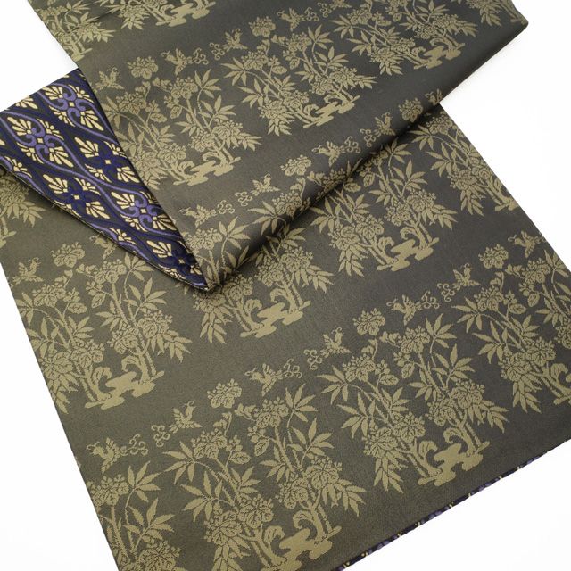  袋帯 正絹 京都 西陣 麹塵染 墨色地 ダークグレー系 花立涌 濃紫 灰紫 薄黄 お洒落 セミフォーマル カジュアル 春 秋 冬 仕立て上がり みやがわ sb 54700 袋帯 帯