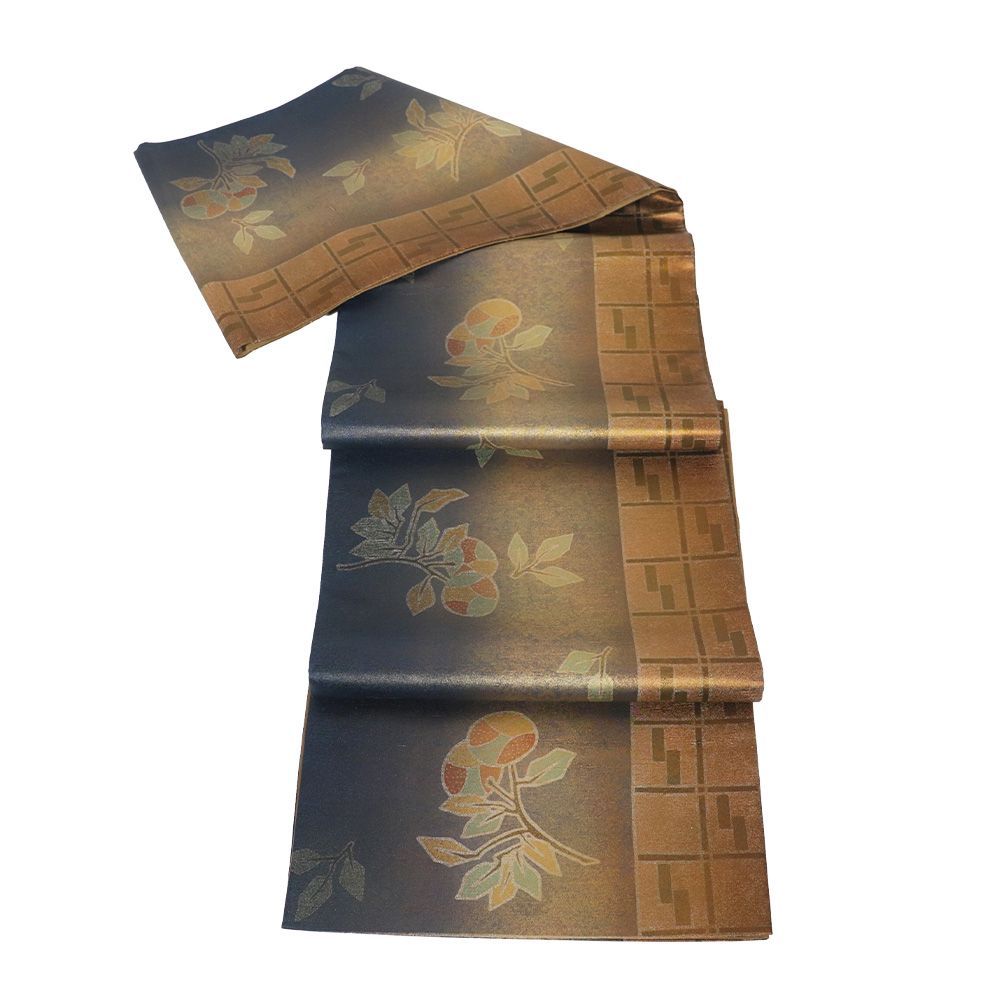  石川県指定無形文化財 牛首紬 袋帯 正絹 紺 金箔 薄緑 橙色 暈し サクランボ 全通 Lサイズ F 8432 レディース シルク ギフト 袋帯 帯